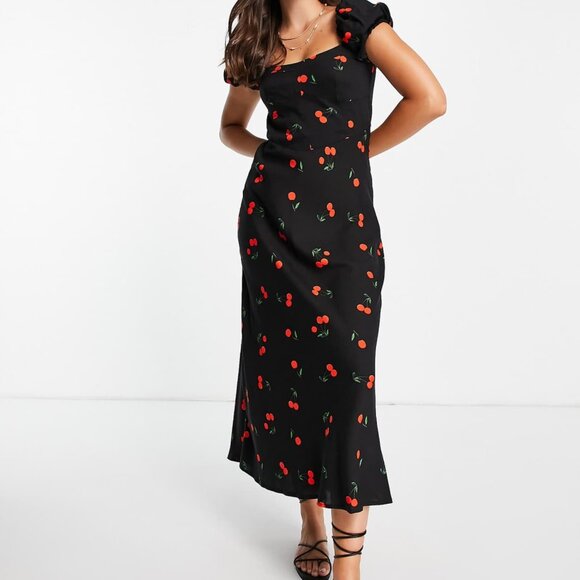 Women's Midi Dress in Black and Cherries Print by ASOS - Picture 3 of 12